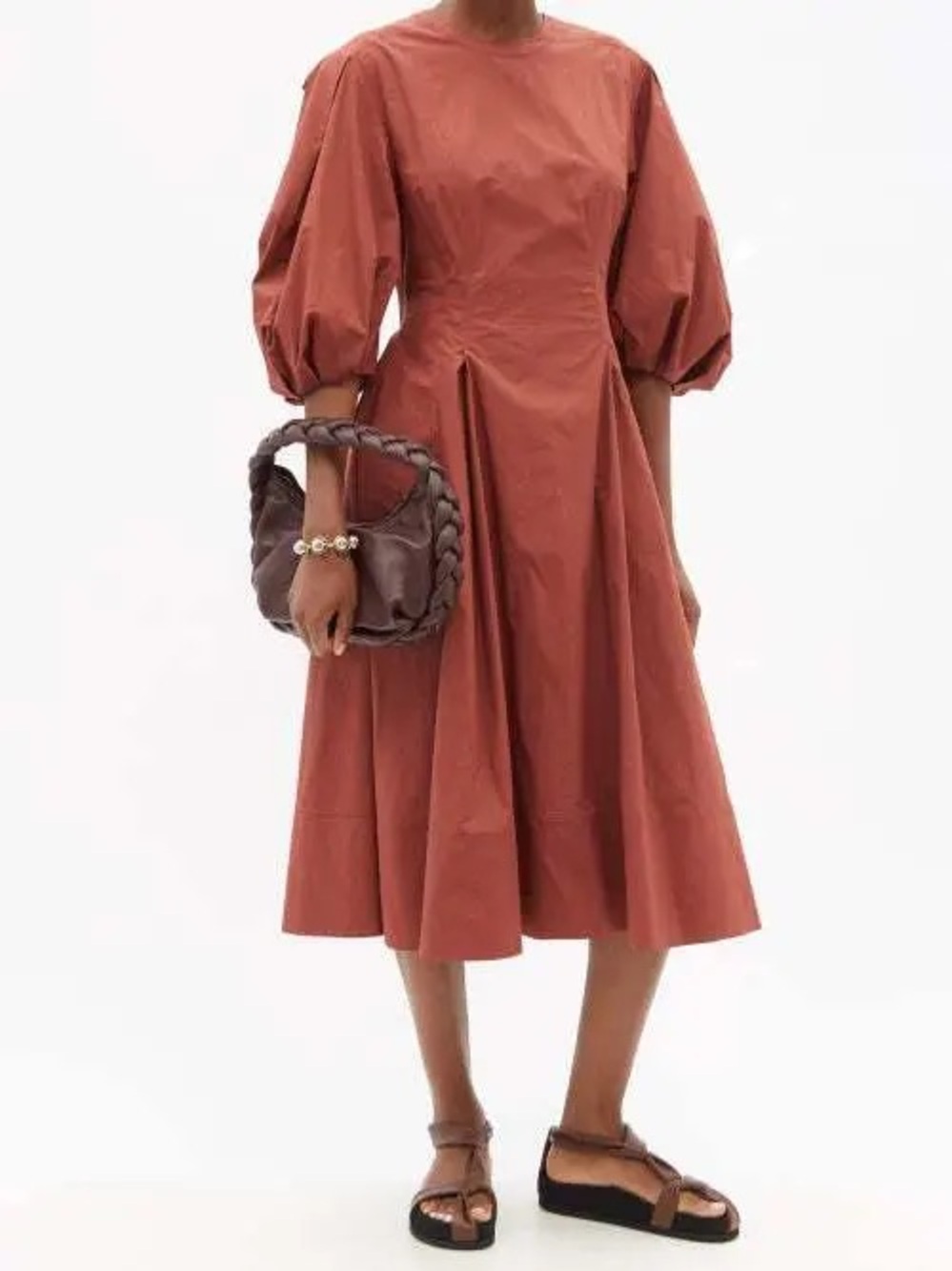 Another Tomorrow Organic Cotton Poplin Puff Sleeve Midi Dress Made in Italy 36